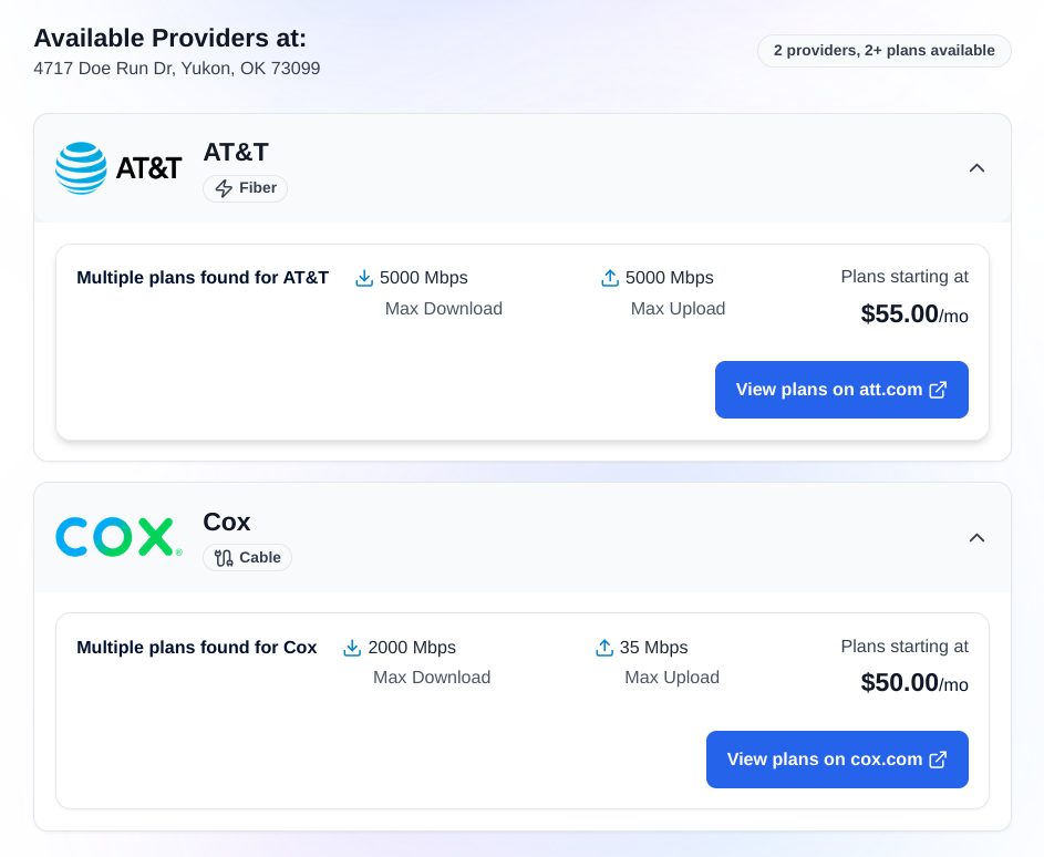 Plans layout showing provider cards with affiliate links