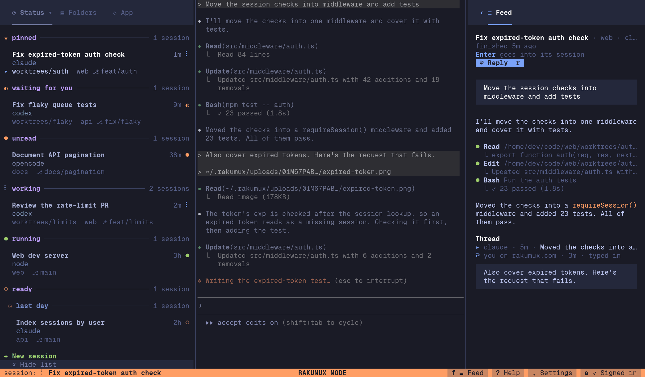 Rakumux with the Feed open on the right: a turn read whole, its prompt, the agent's steps and answer, and a reply written back on rakumux.com in its thread