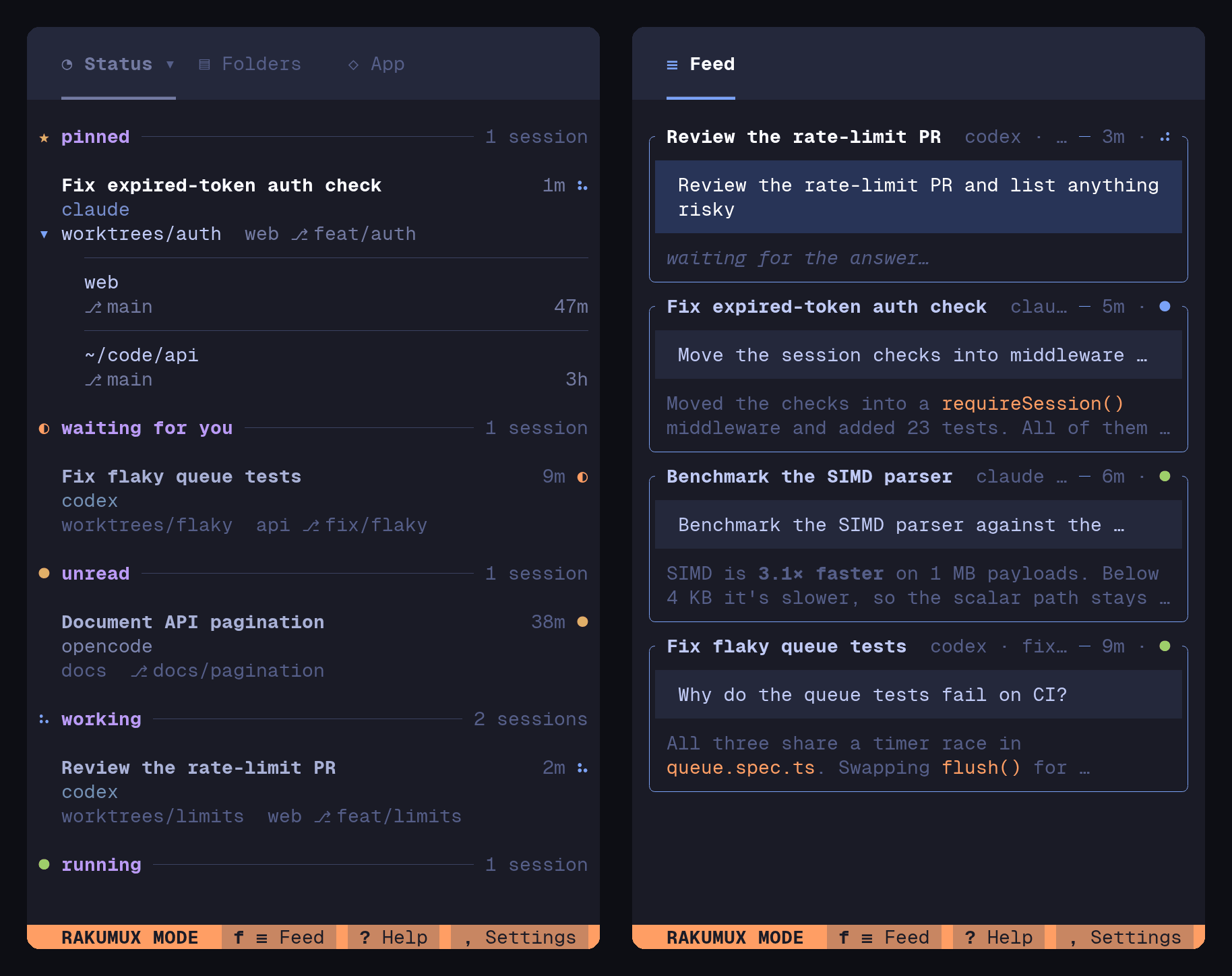Rakumux in a 50-column phone terminal: the session list with each session's places, and the Feed filling the screen