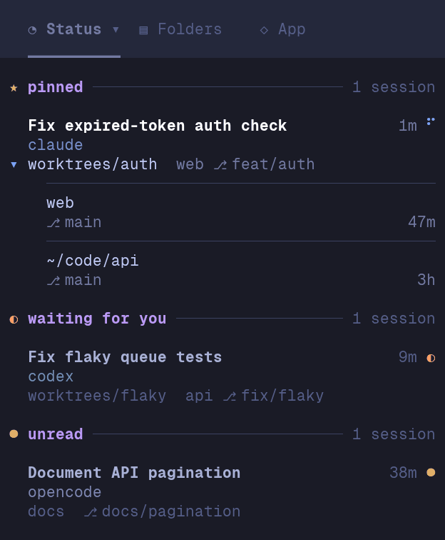 The session list: Fix expired-token auth check works in worktrees/auth (web ⎇ feat/auth), with its other places open below it, web on main 47 minutes ago and ~/code/api on main 3 hours ago