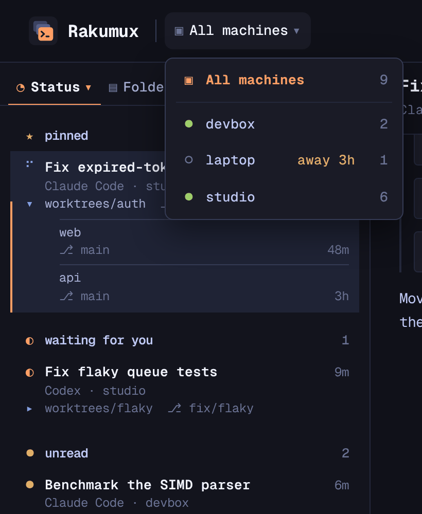 The machine switcher in the header, beside the logo, open over the session list: All machines, then devbox, laptop (away 3h) and studio, each with its number of sessions