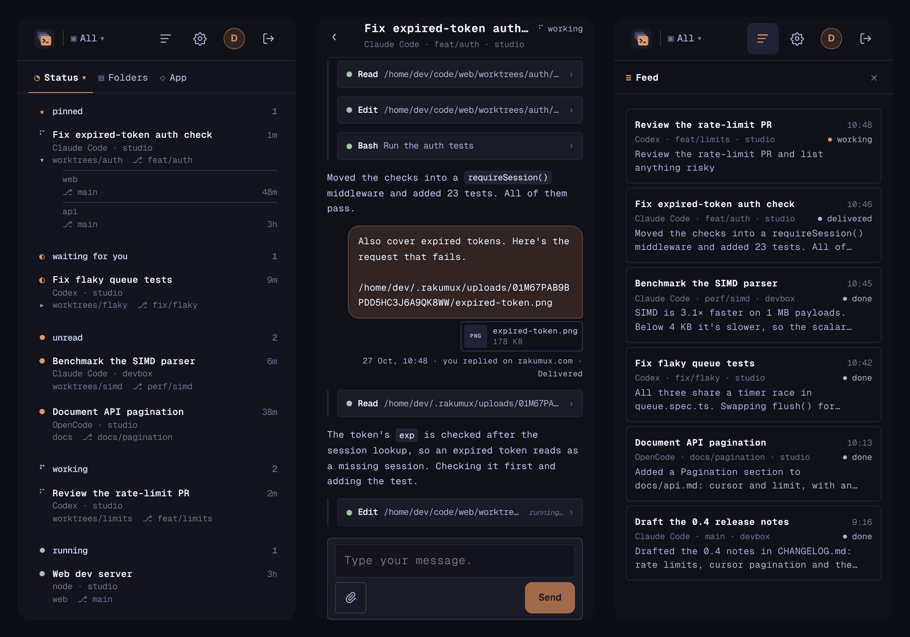 rakumux.com on a phone: the session list with places, a session's chat with a reply and an attached screenshot, and the Feed