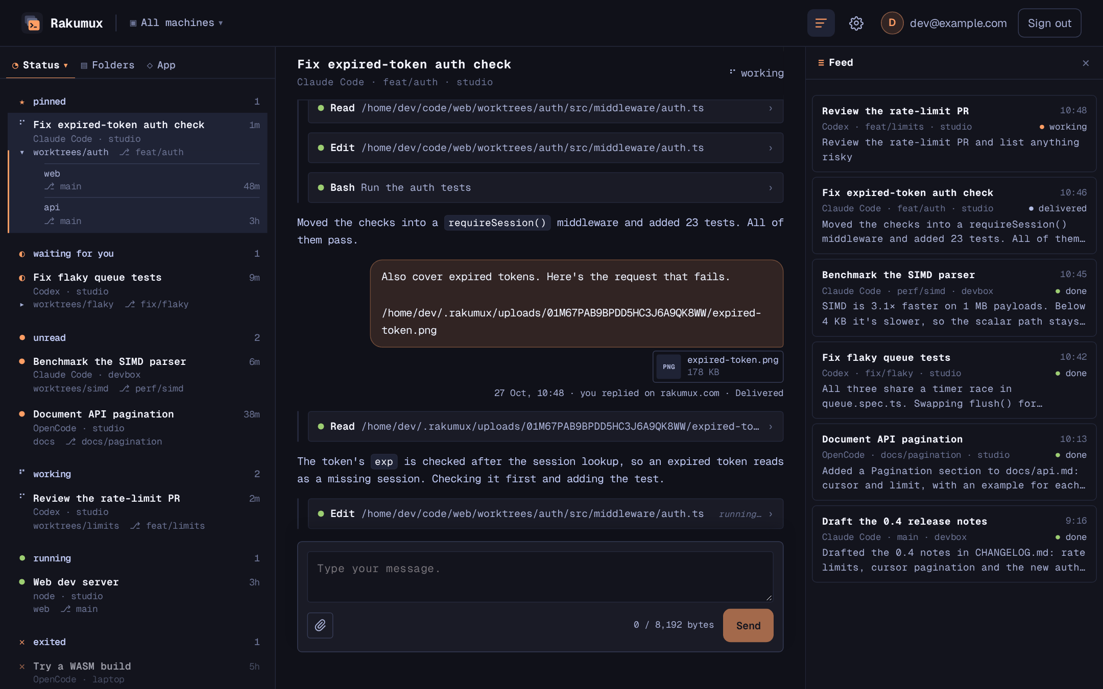Sessions on rakumux.com: three machines' sessions grouped by status with their places, a Claude Code chat with a reply and a screenshot sent from the browser, and the Feed on the right