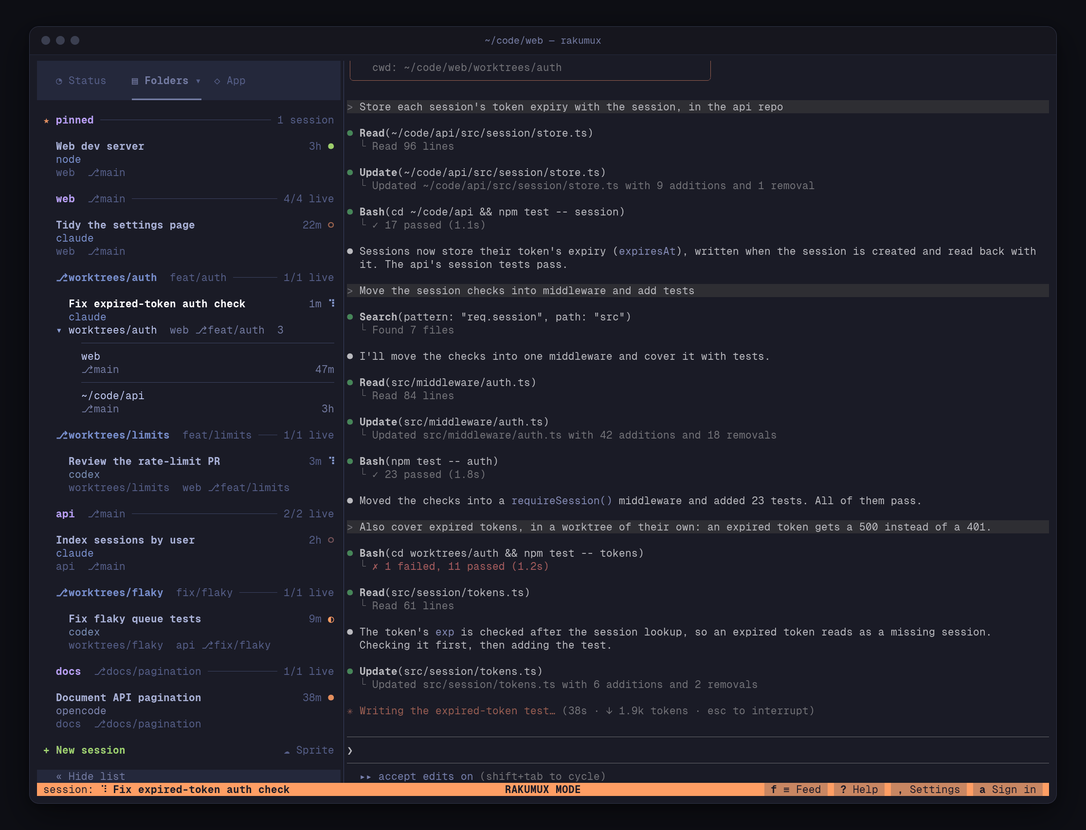 The Folders tab: sessions under their folders, web, api and docs, each folder's own sessions first, then its linked worktrees (worktrees/auth, worktrees/limits, worktrees/flaky) under headers of their own with their branches. Fix expired-token auth check has its places open: it works in worktrees/auth now, and changed files in web on main 47 minutes ago and in ~/code/api on main 3 hours ago