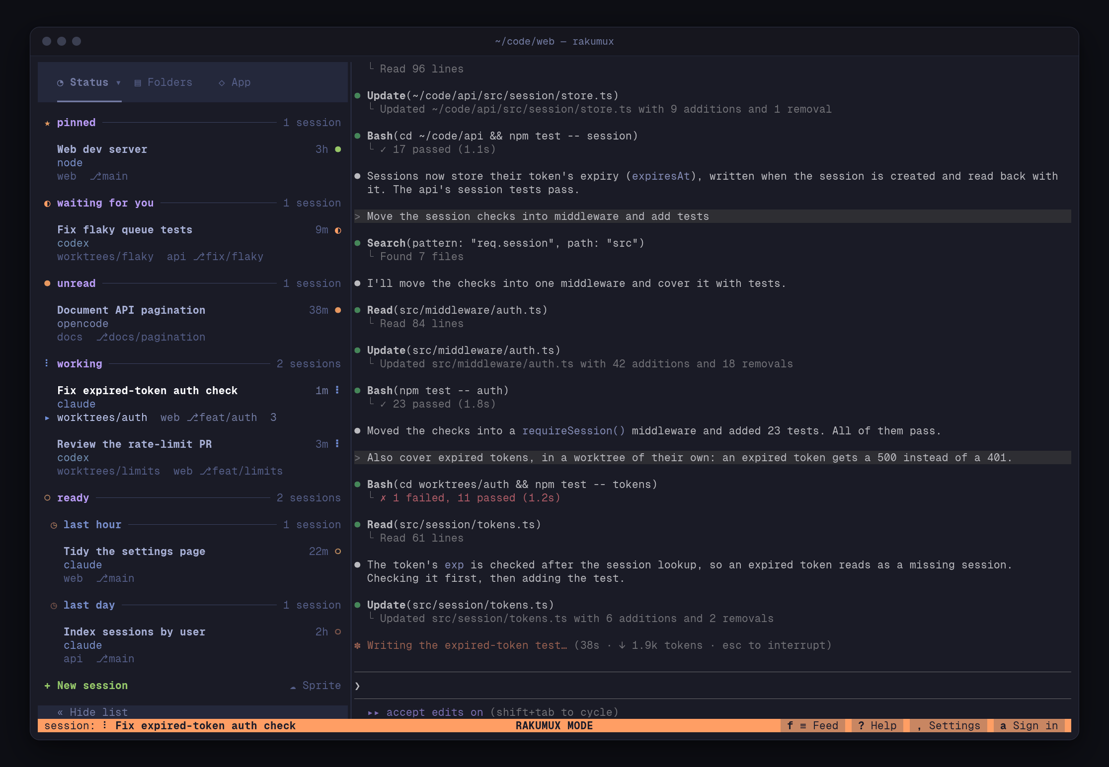 Rakumux with seven sessions in the list, grouped by status: a pinned dev server running node, a Codex session waiting for you, an unread OpenCode reply, Claude Code and Codex working, and two Claude Code sessions ready. The selected one, Fix expired-token auth check, shows live beside the list, Claude Code at work in it