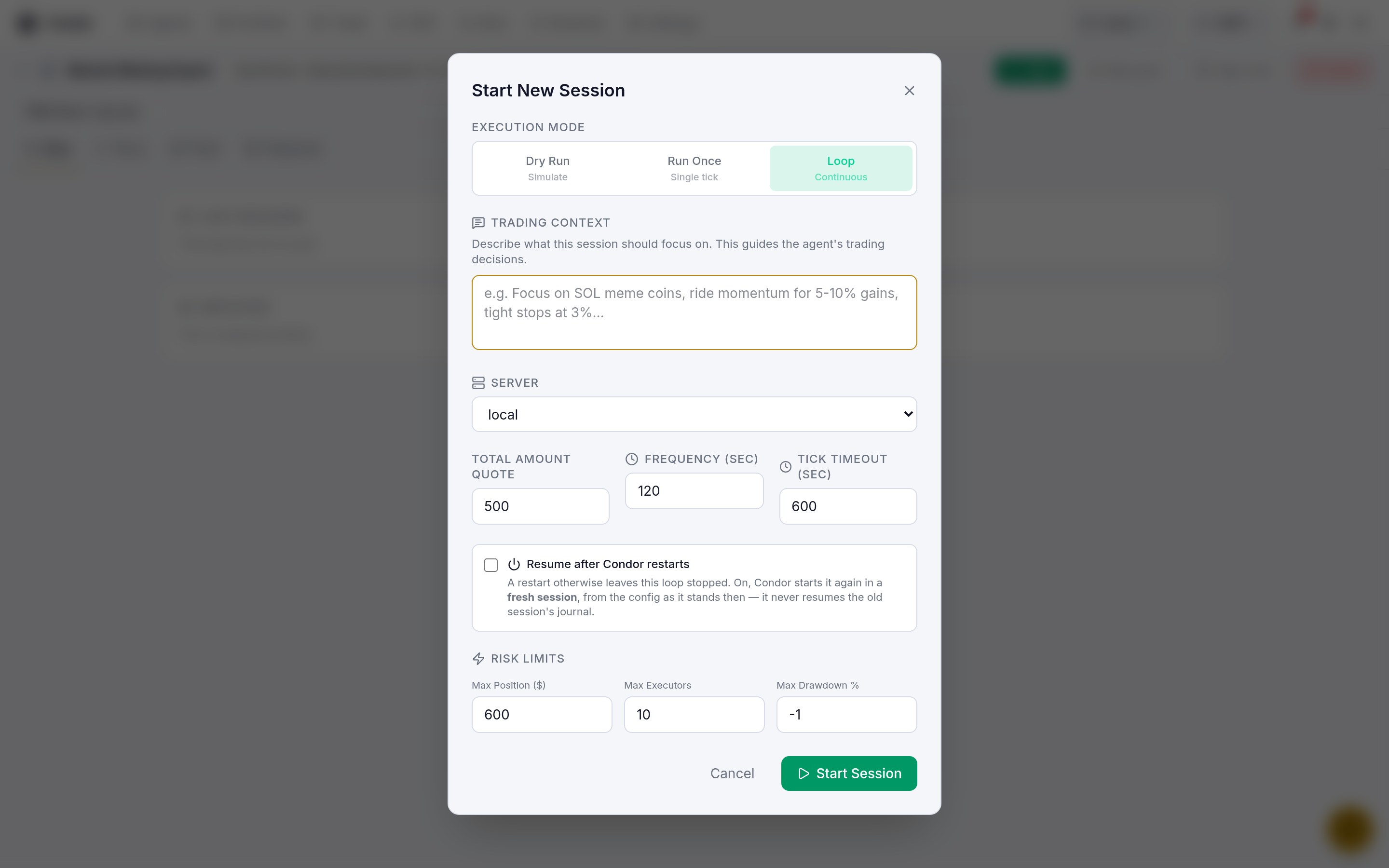 The Start New Session dialog with Loop mode selected