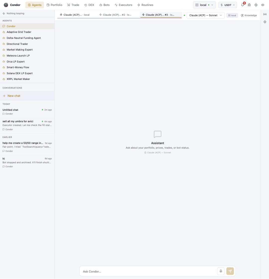 The Agents page: agent rail on the left, chat pane in the center