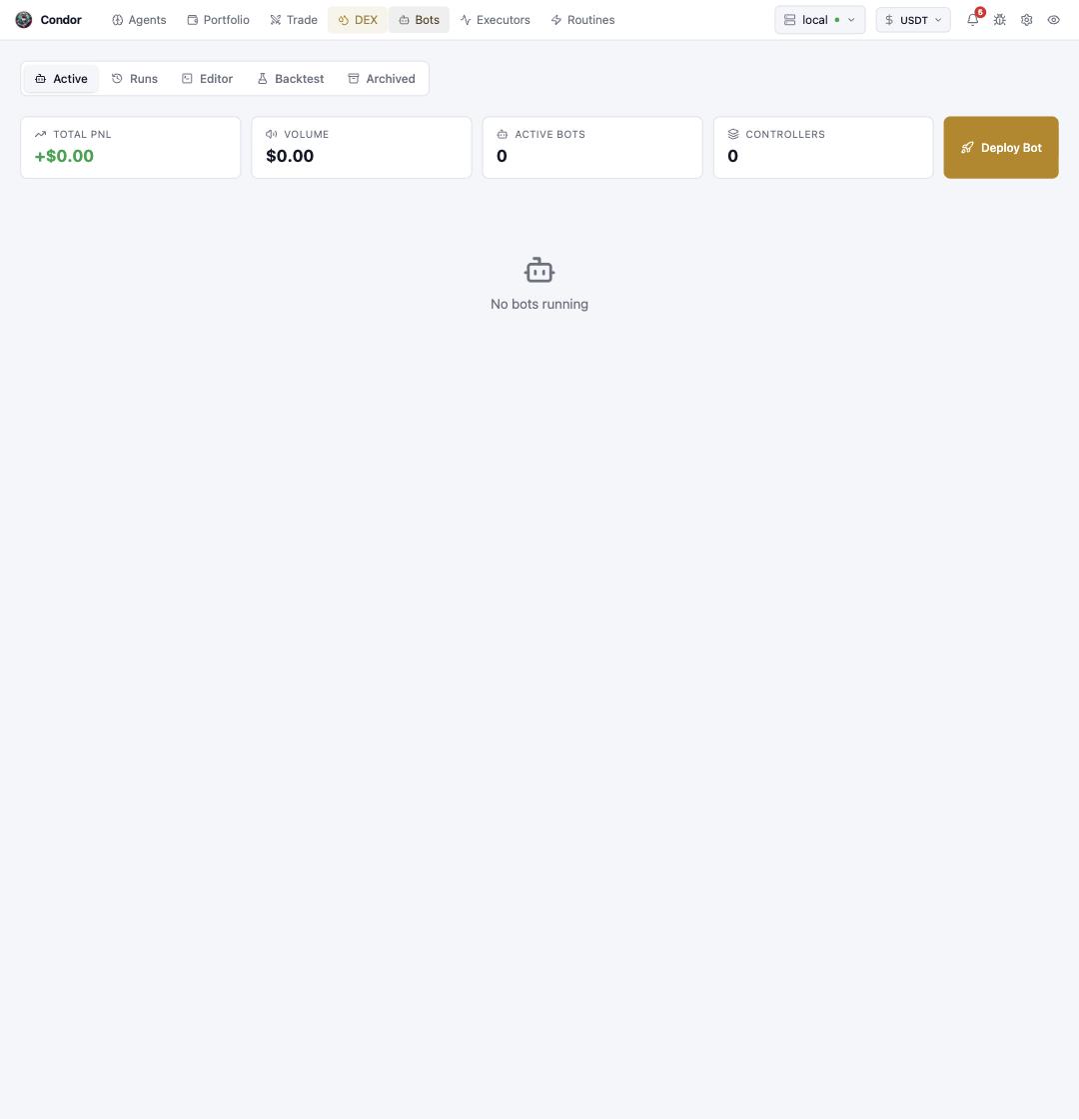 The Active tab: stat strip and Deploy Bot