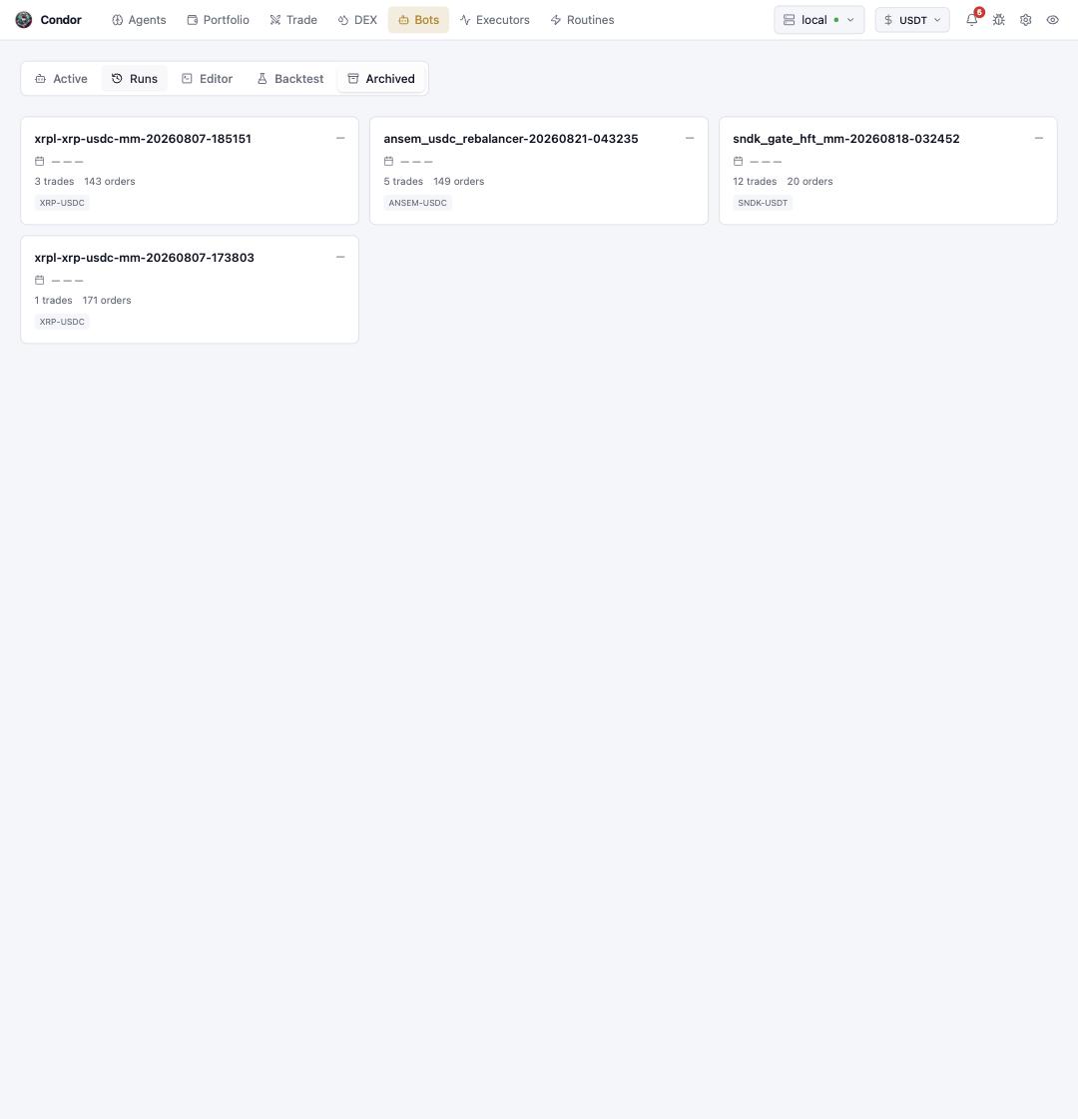The Archived tab: archived bot run cards