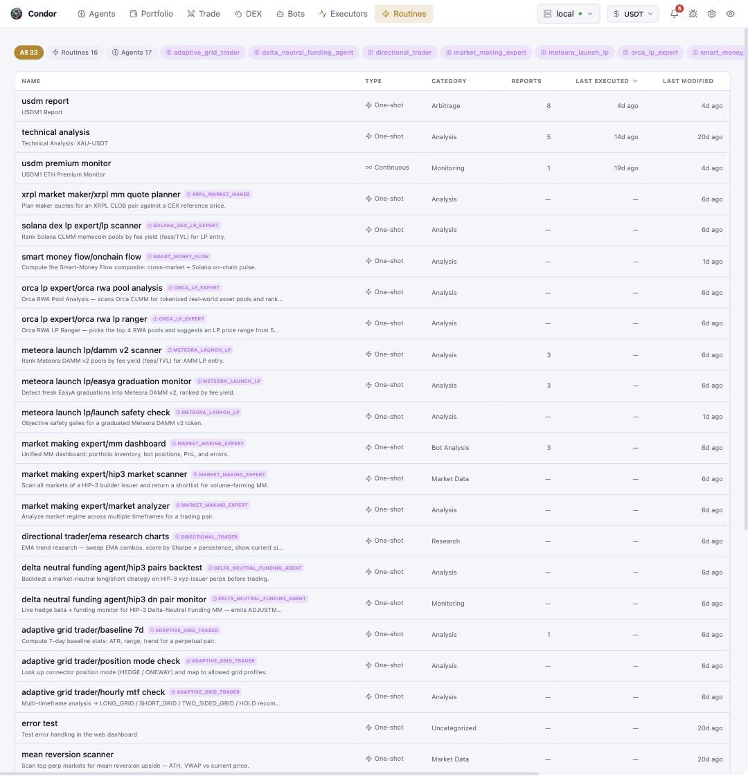 The Routines page: all routines with type, category, and run history