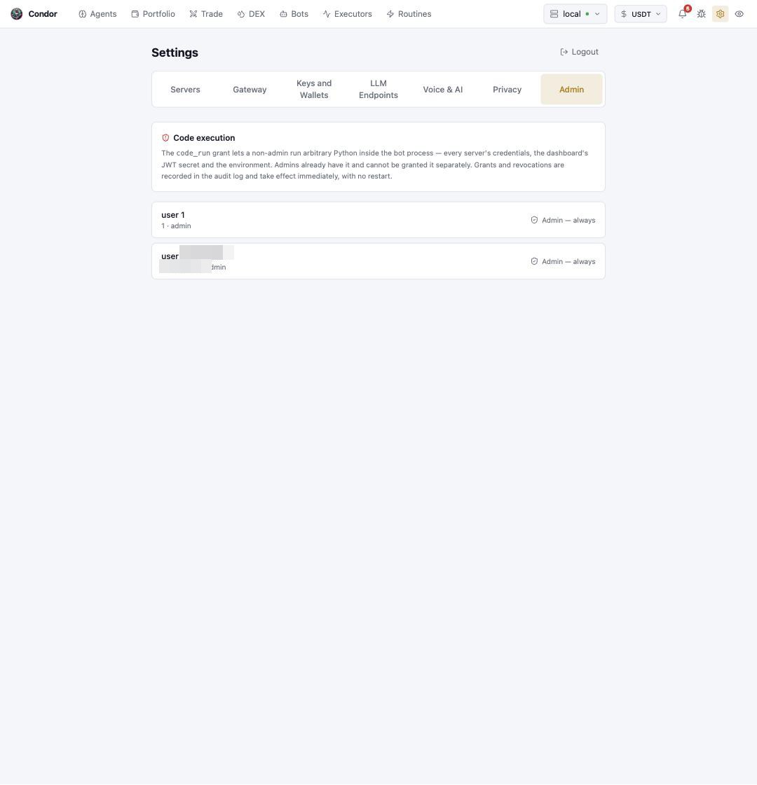 Settings → Admin: users, roles, and the code execution grant