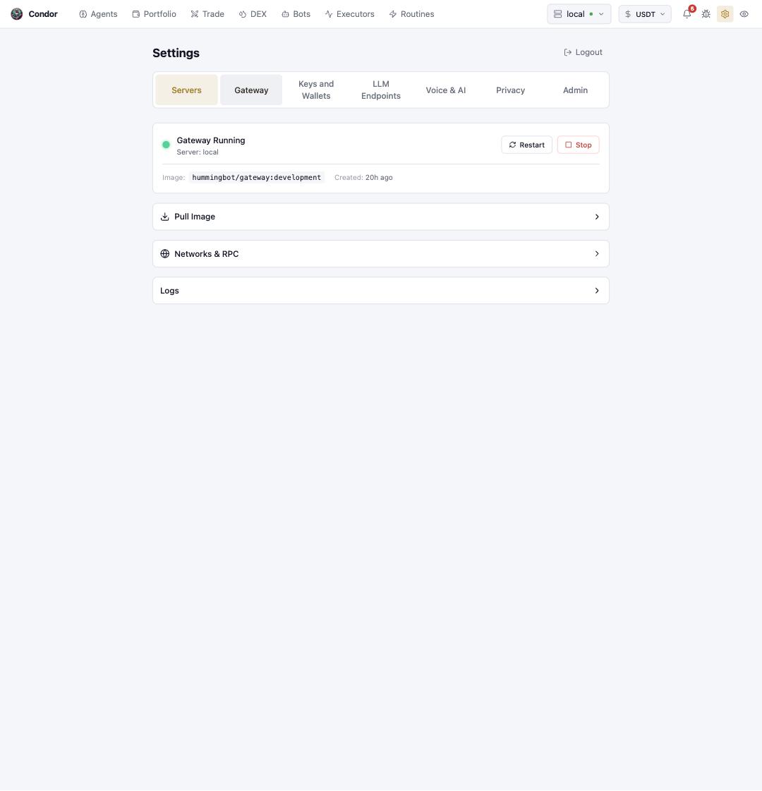 Settings → Gateway: container status and management drawers