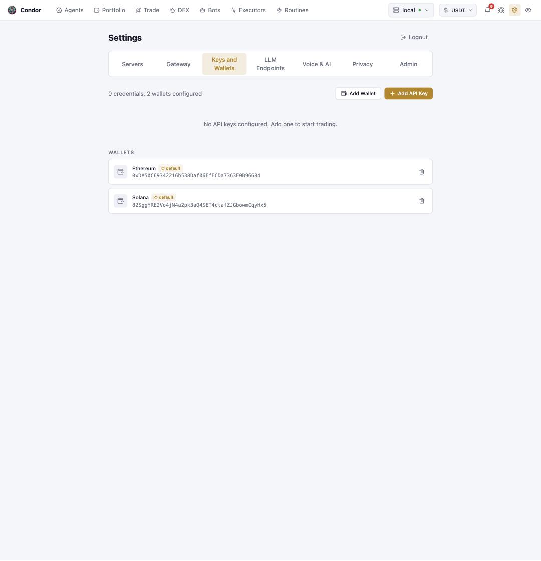 Settings → Keys and Wallets: credentials and wallets
