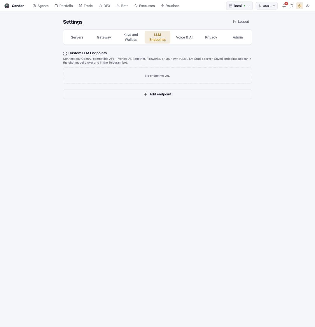 Settings → LLM Endpoints: custom OpenAI-compatible endpoints