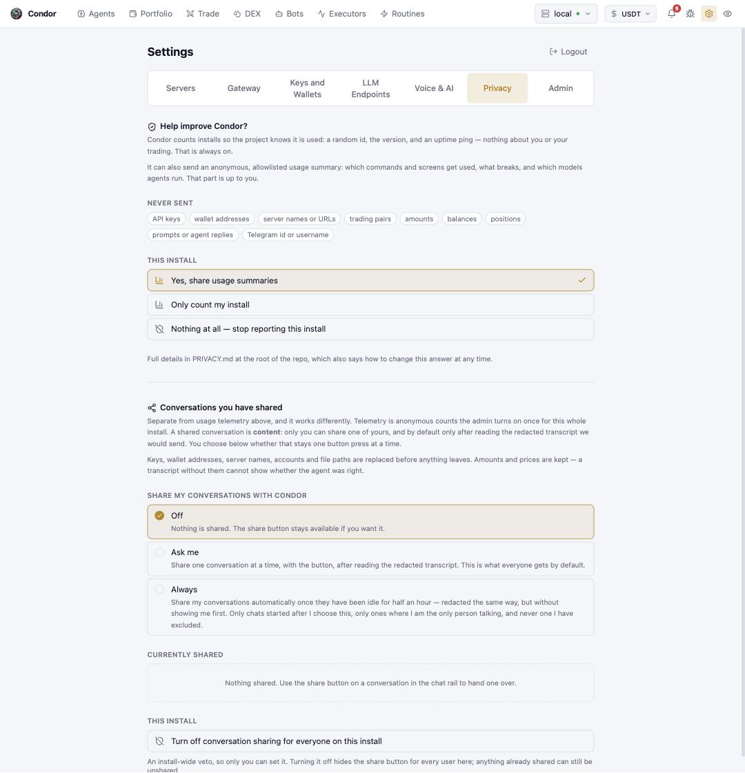 Settings → Privacy: telemetry consent and conversation sharing