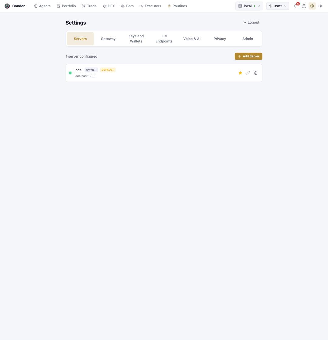 Settings → Servers: configured servers with default star
