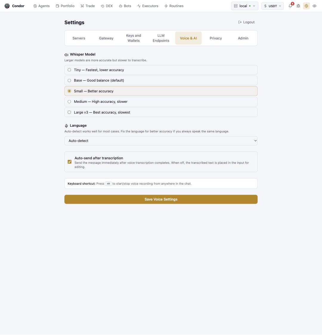 Settings → Voice & AI: Whisper model, language, and auto-send