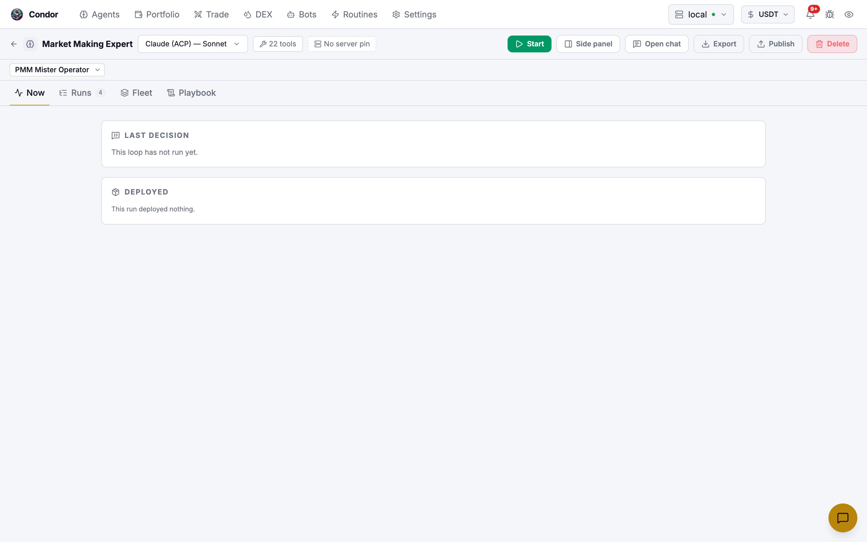 The Market Making Expert's agent page with the PMM Mister Operator loop selected