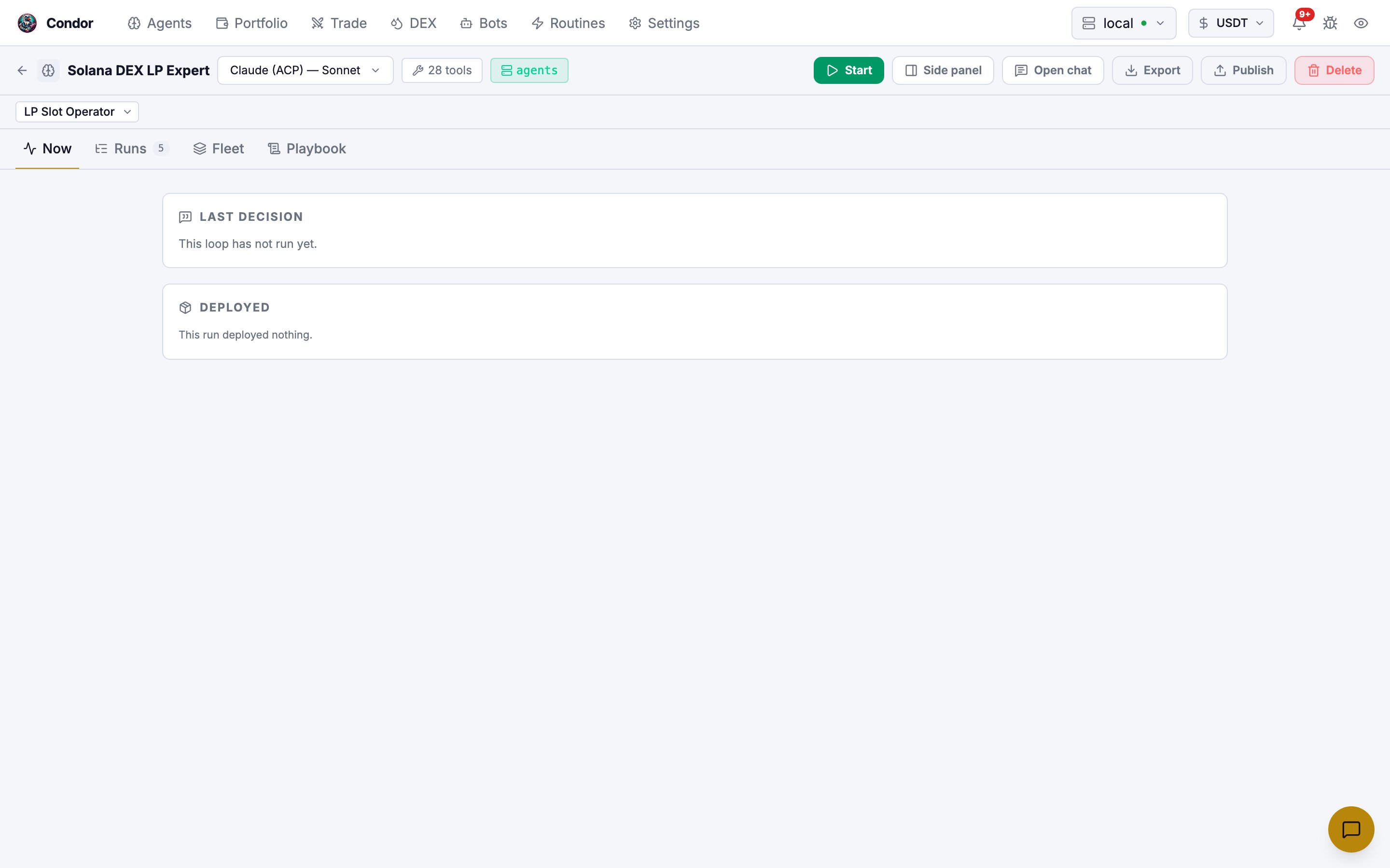 The Solana DEX LP Expert's agent page with the LP Slot Operator loop selected