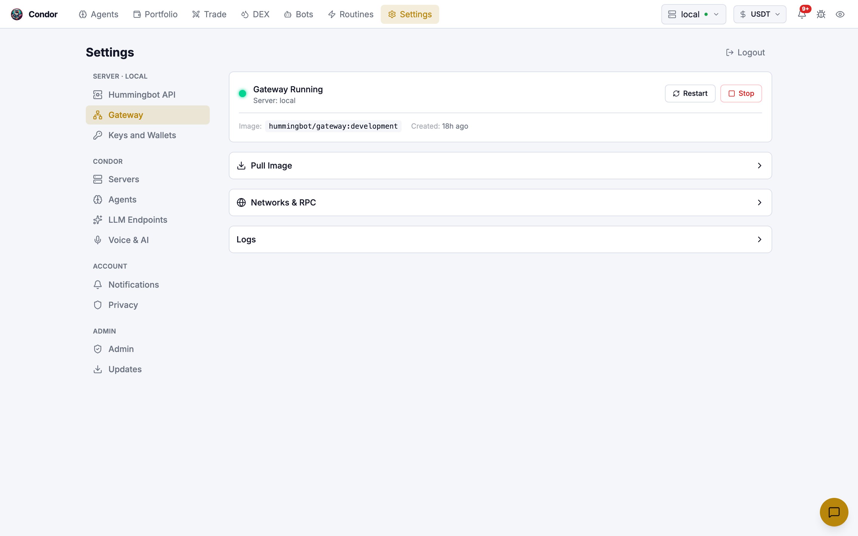 Settings, Gateway tab, showing Gateway running