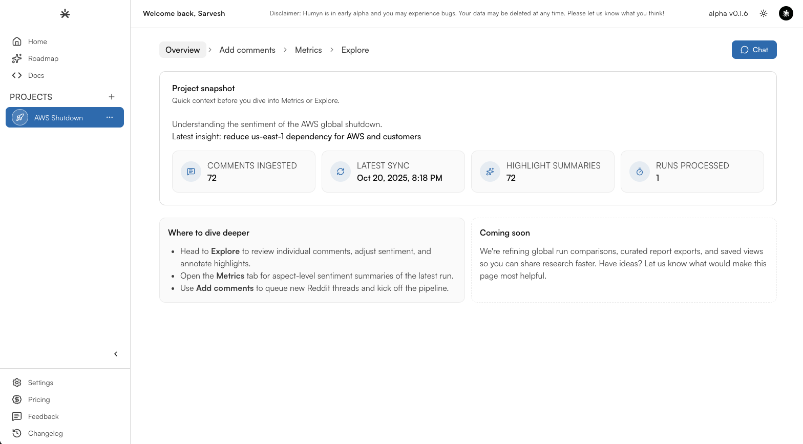 Humyn dashboard overview