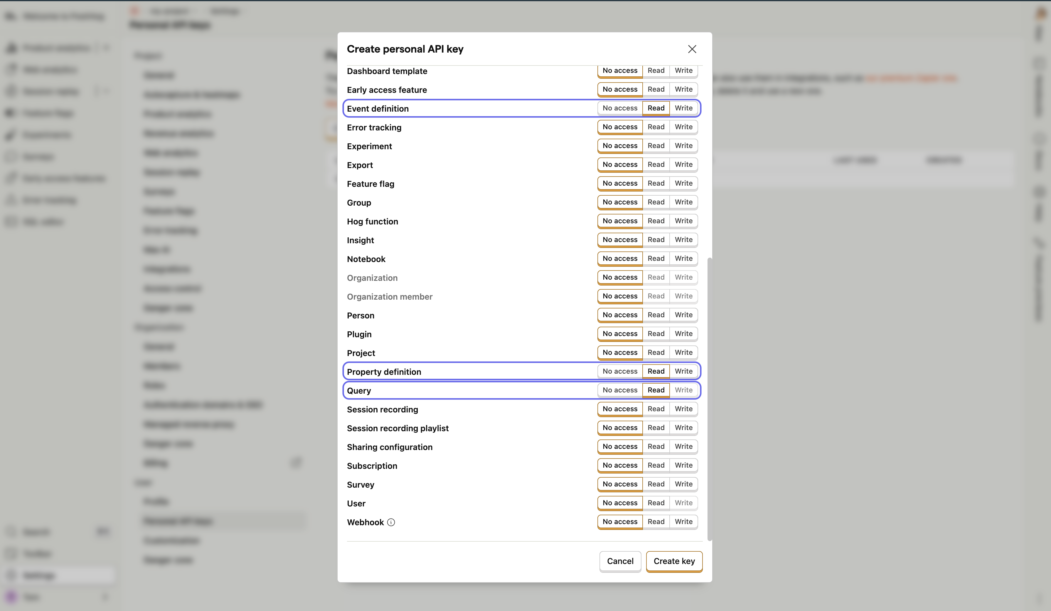 PostHog API Key Permissions