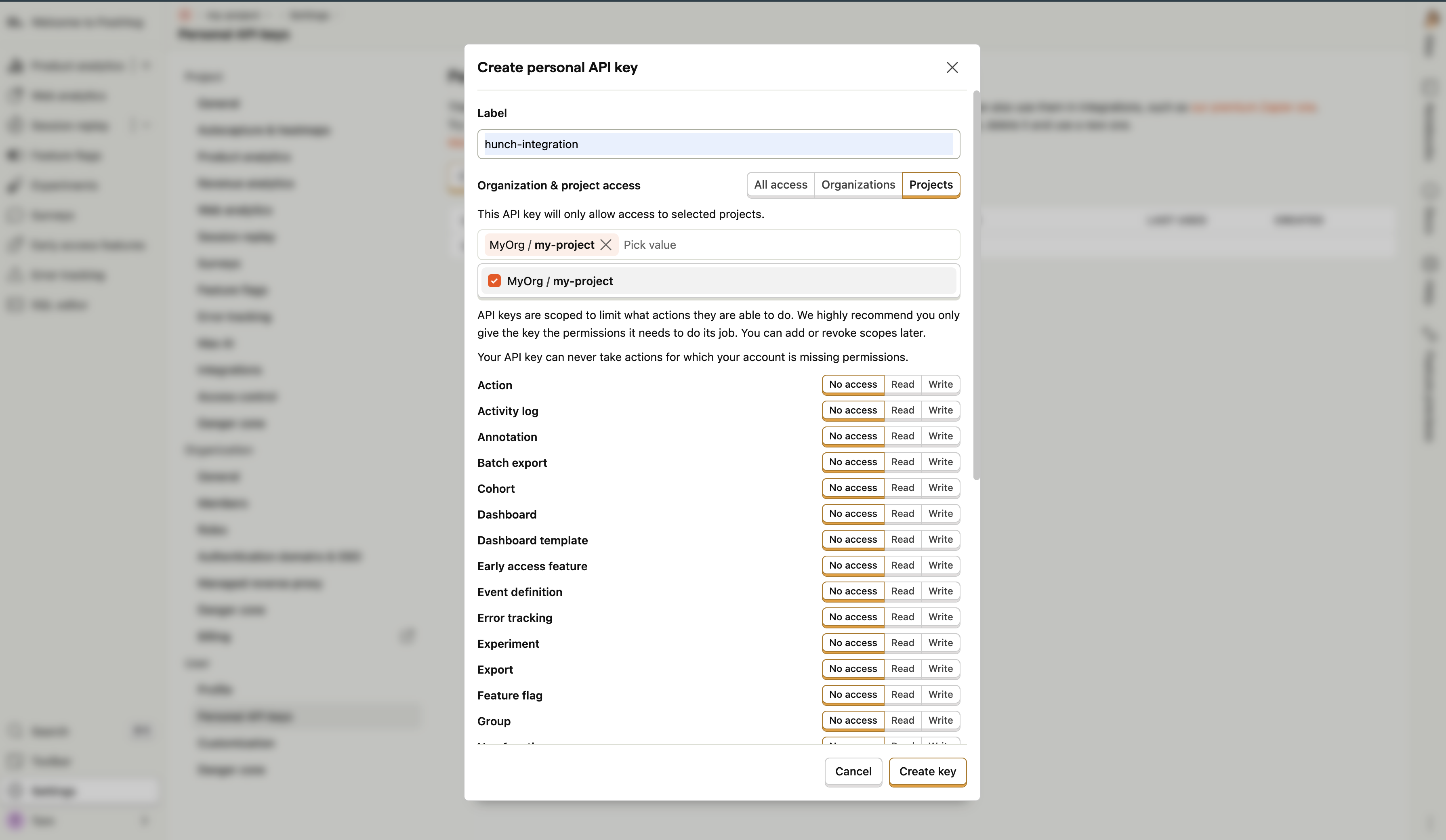 PostHog API Key Settings