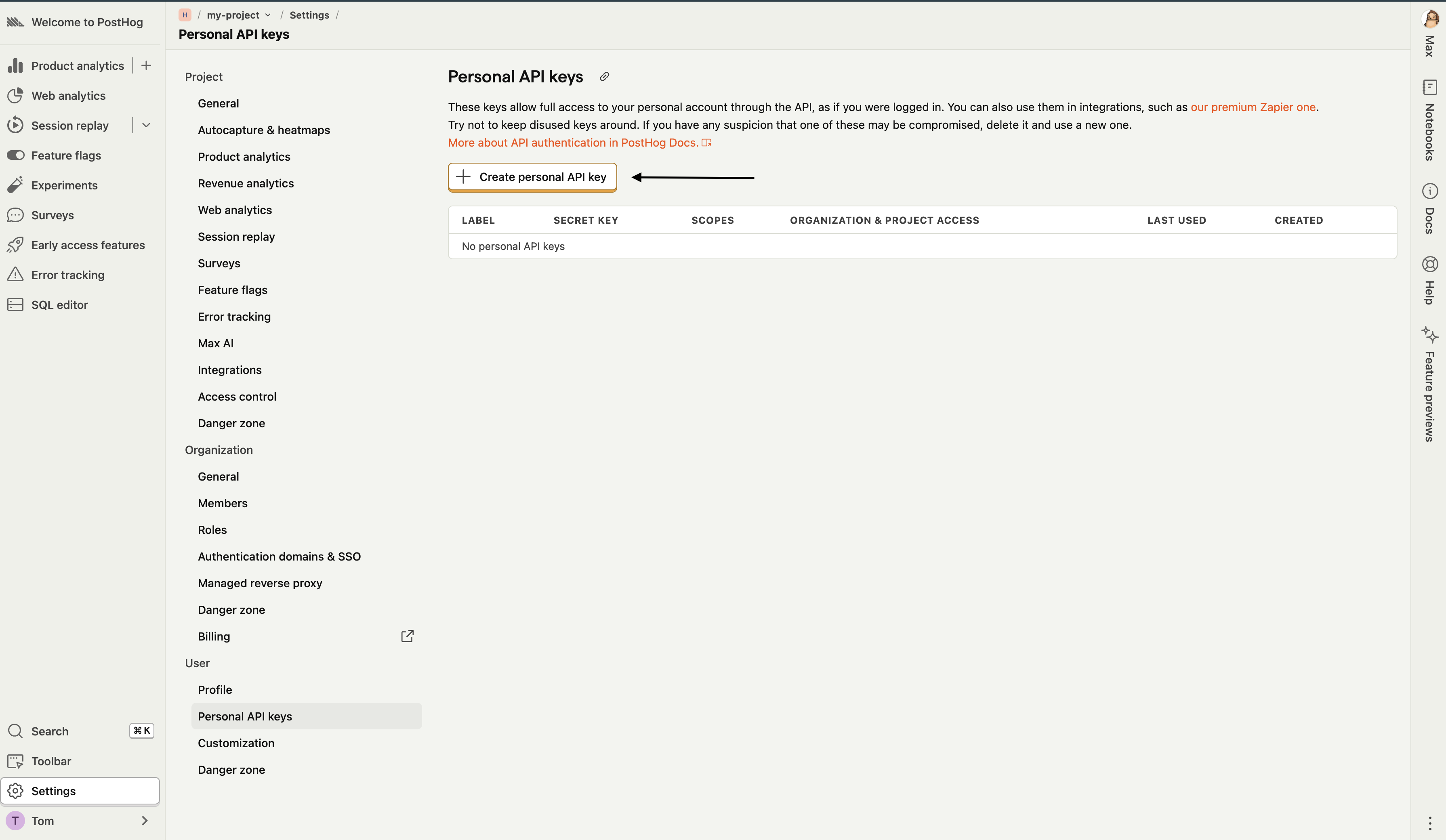 PostHog Create API Key