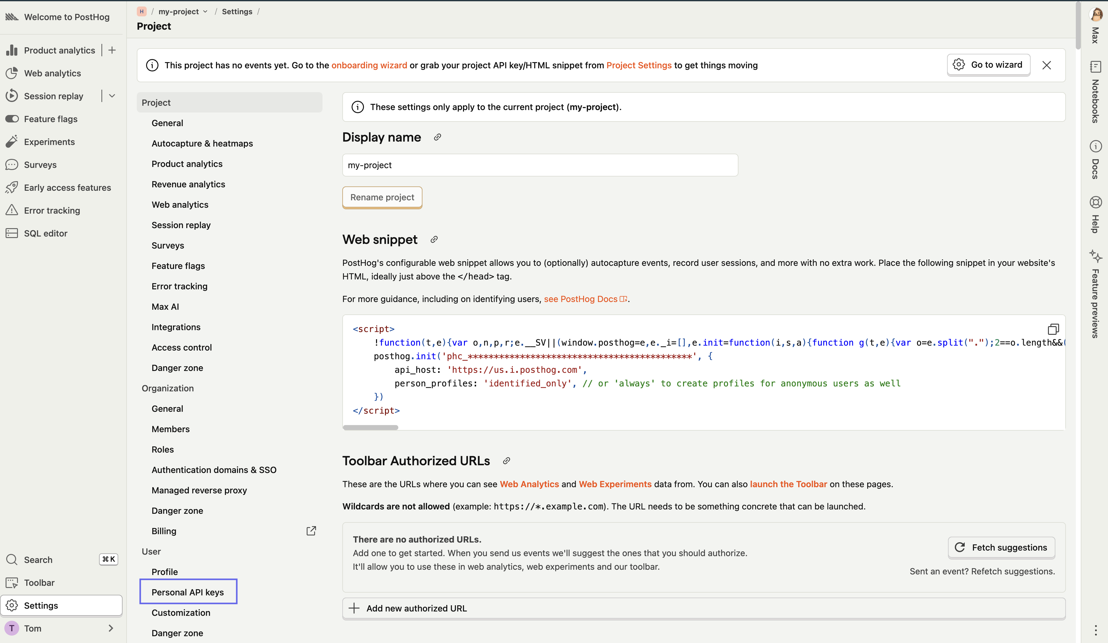 PostHog Personal API Keys Settings