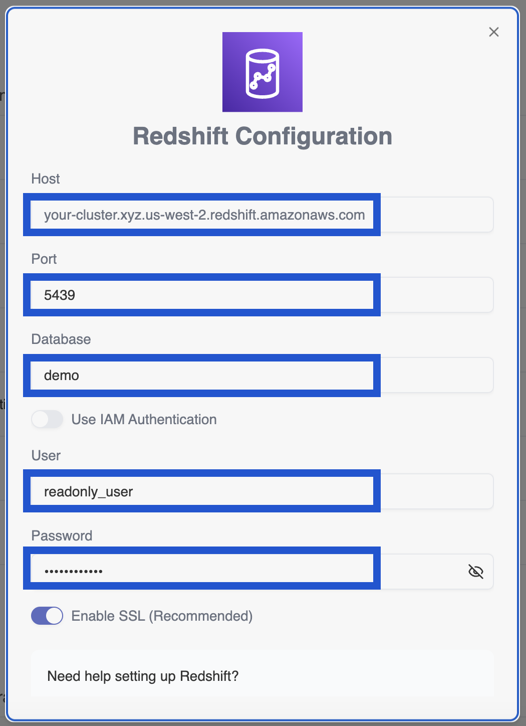 Fill in Redshift connection details