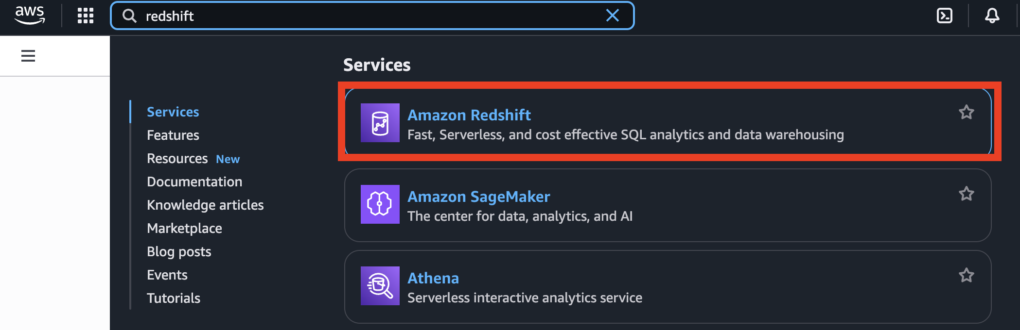 Search for Amazon Redshift in AWS Console