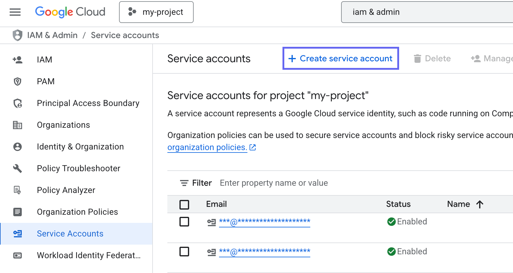 GCP Create Service Account Button
