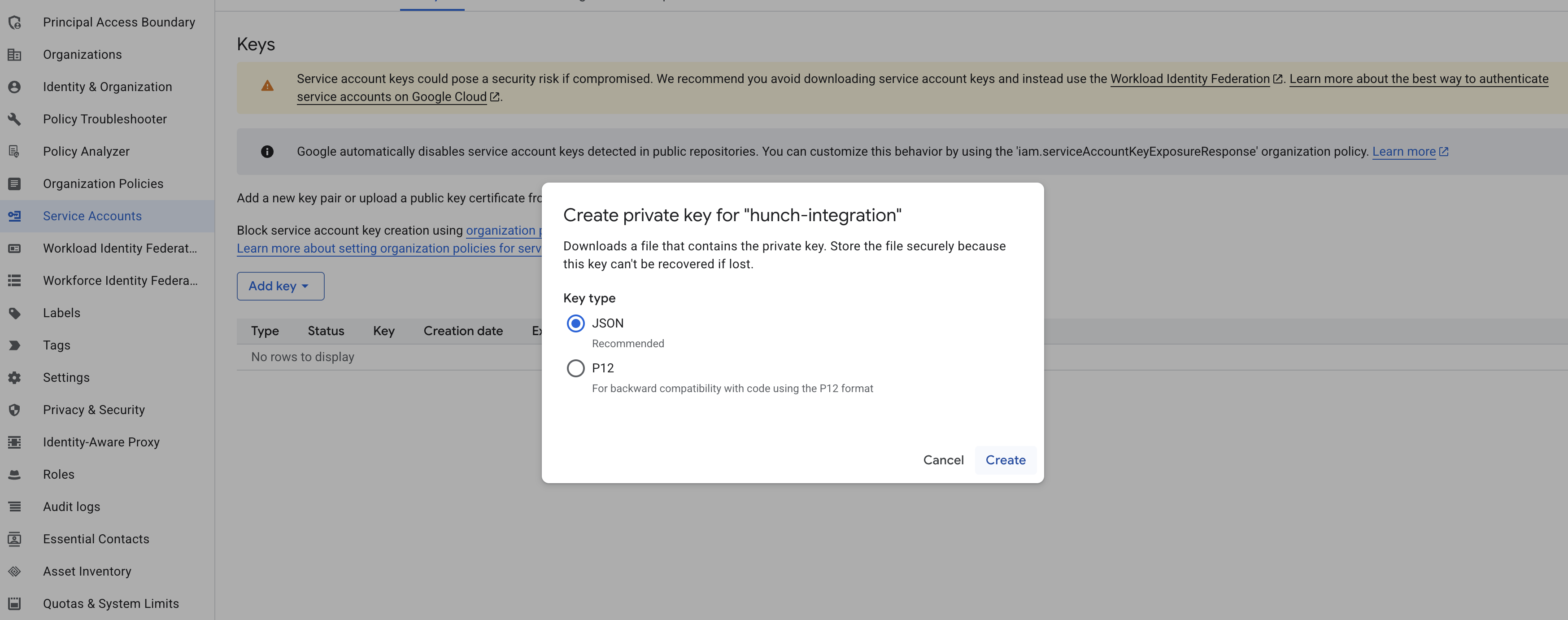 GCP Service Account Create Key
