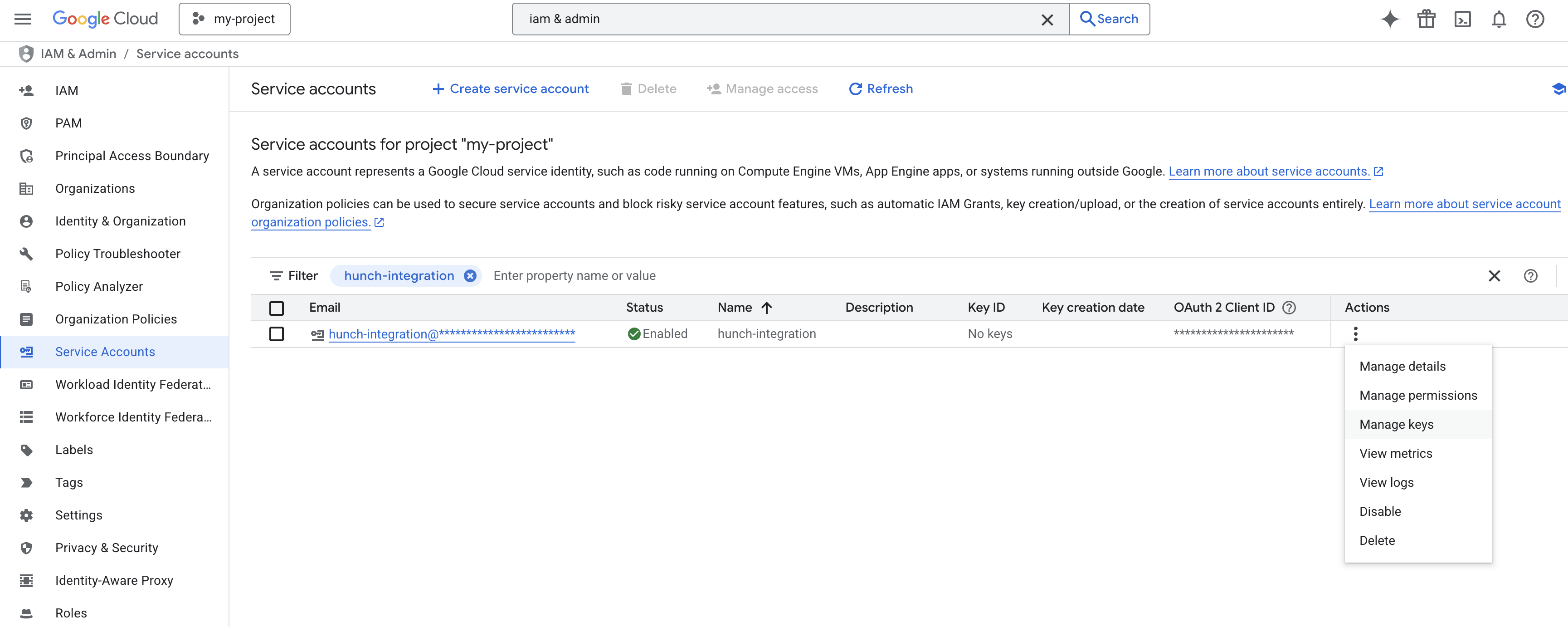 GCP Service Account Manage Keys