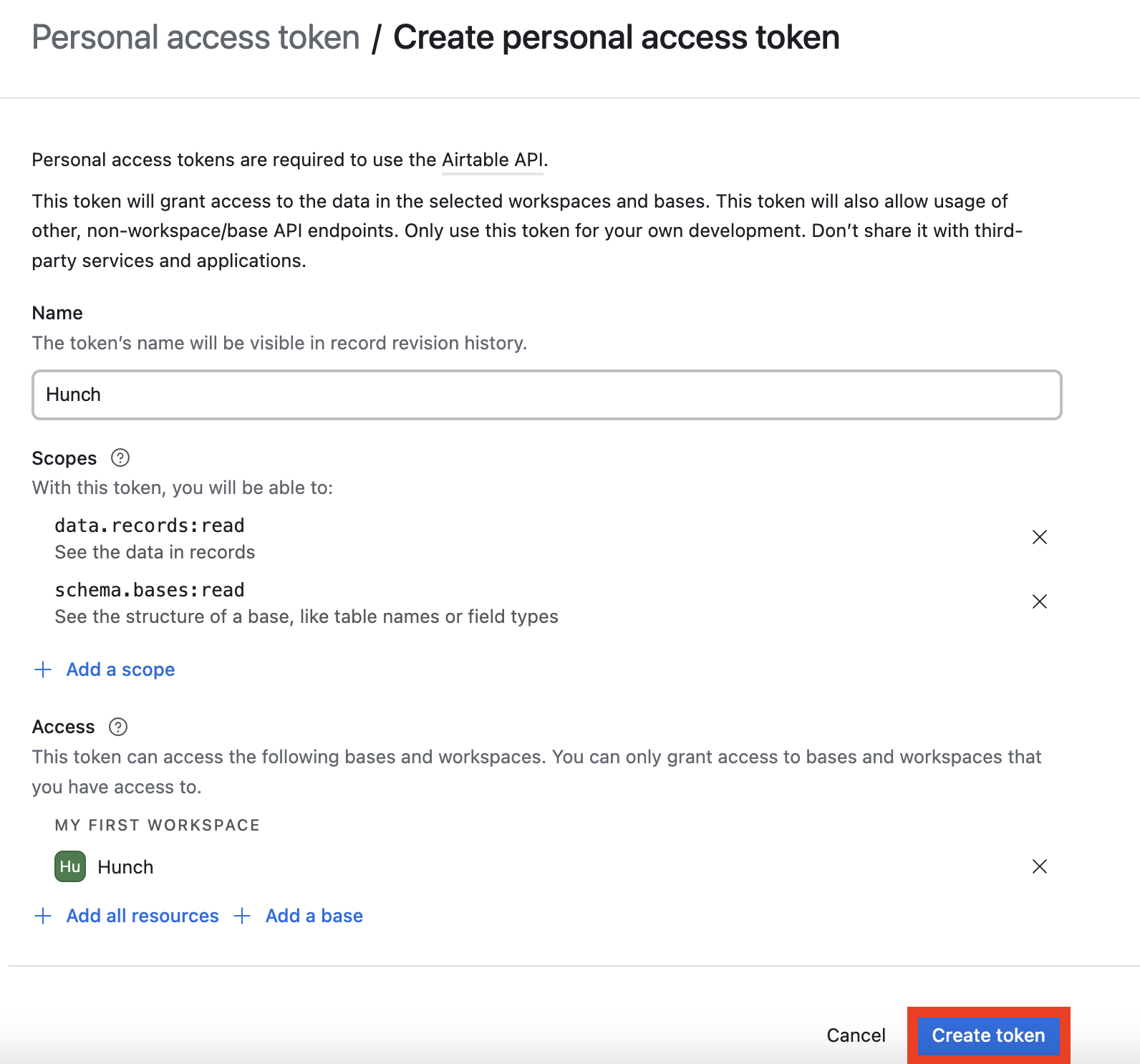Click Create token button after configuration
