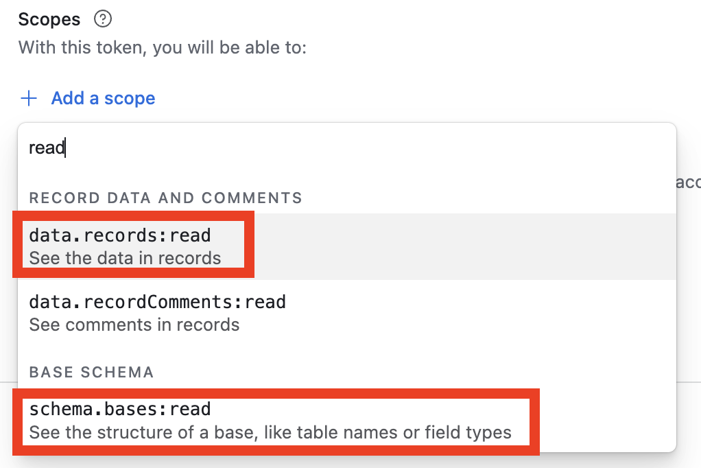 Search for 'read' and select required scopes