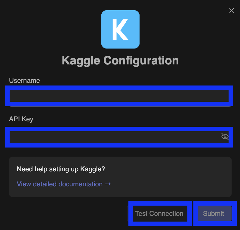 Fill in Kaggle connection details