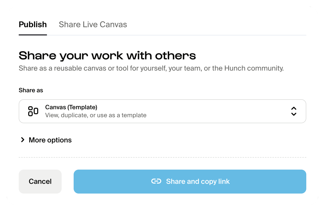 Share templates, tools, and canvas modal