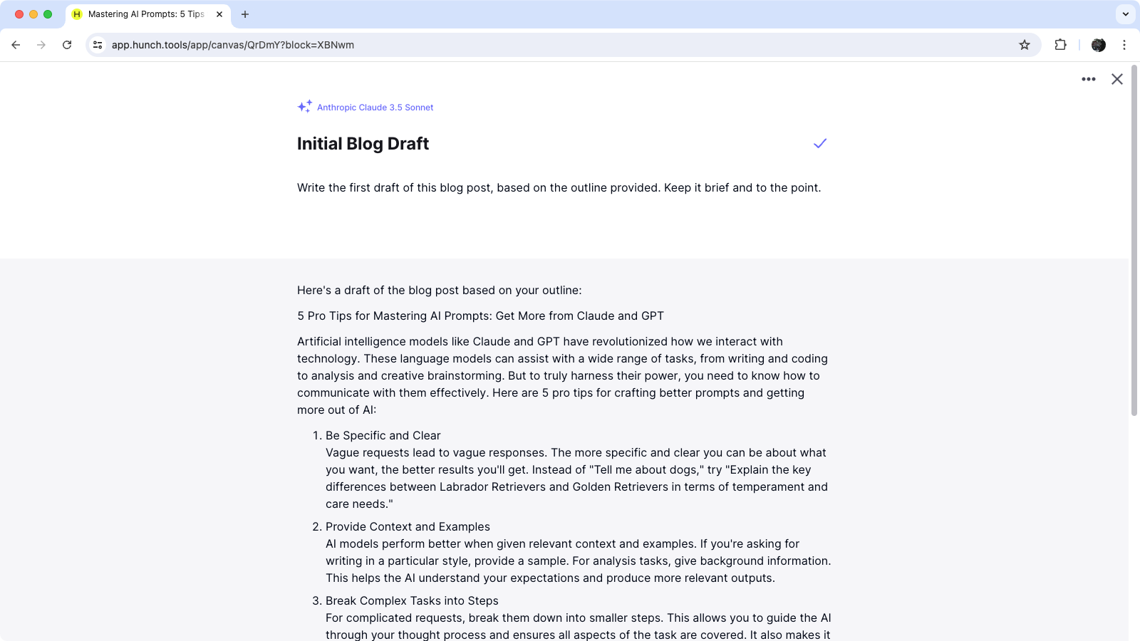 Output from the second block: A blog post draft in reader view