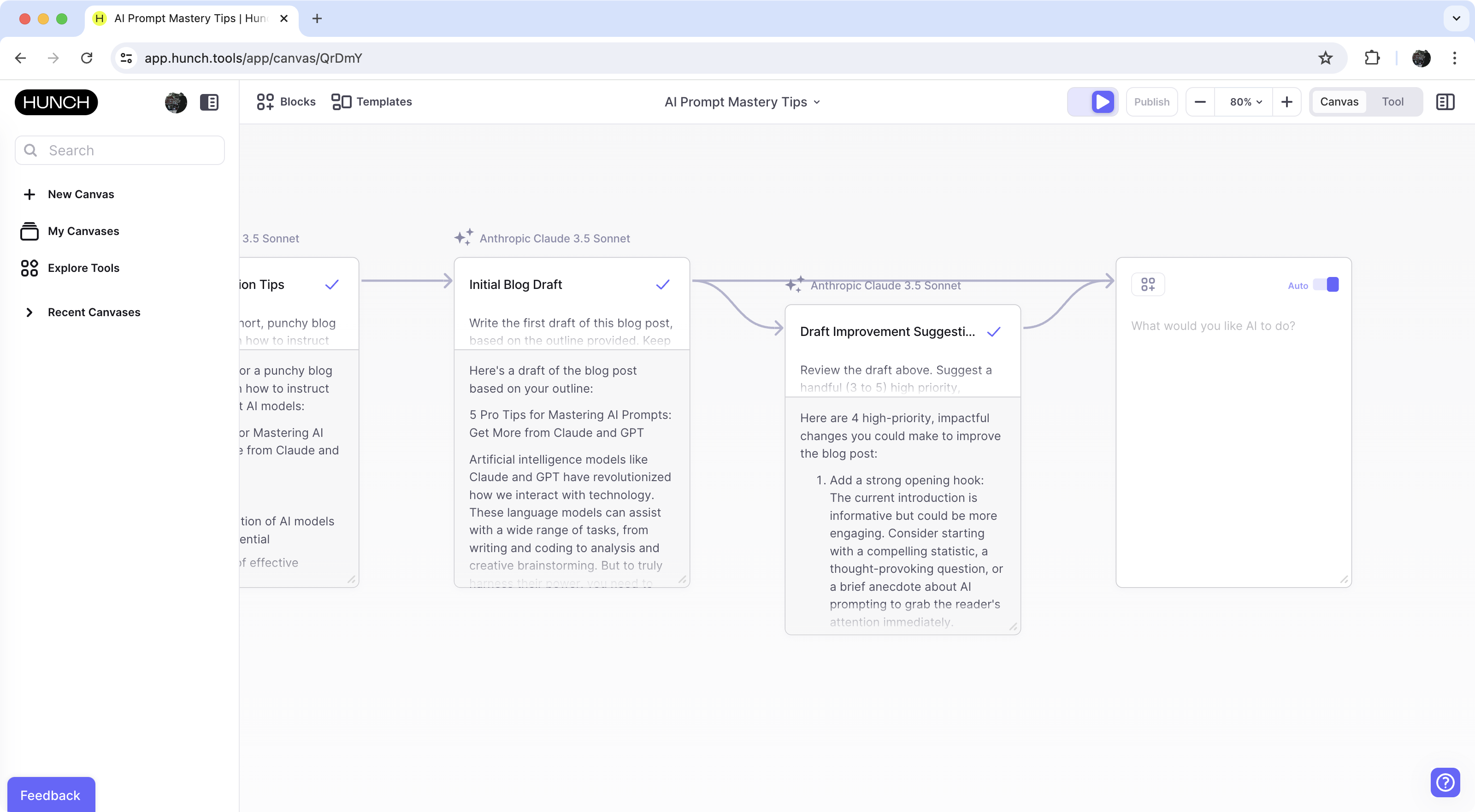 Canvas with draft blog post connected to refine block