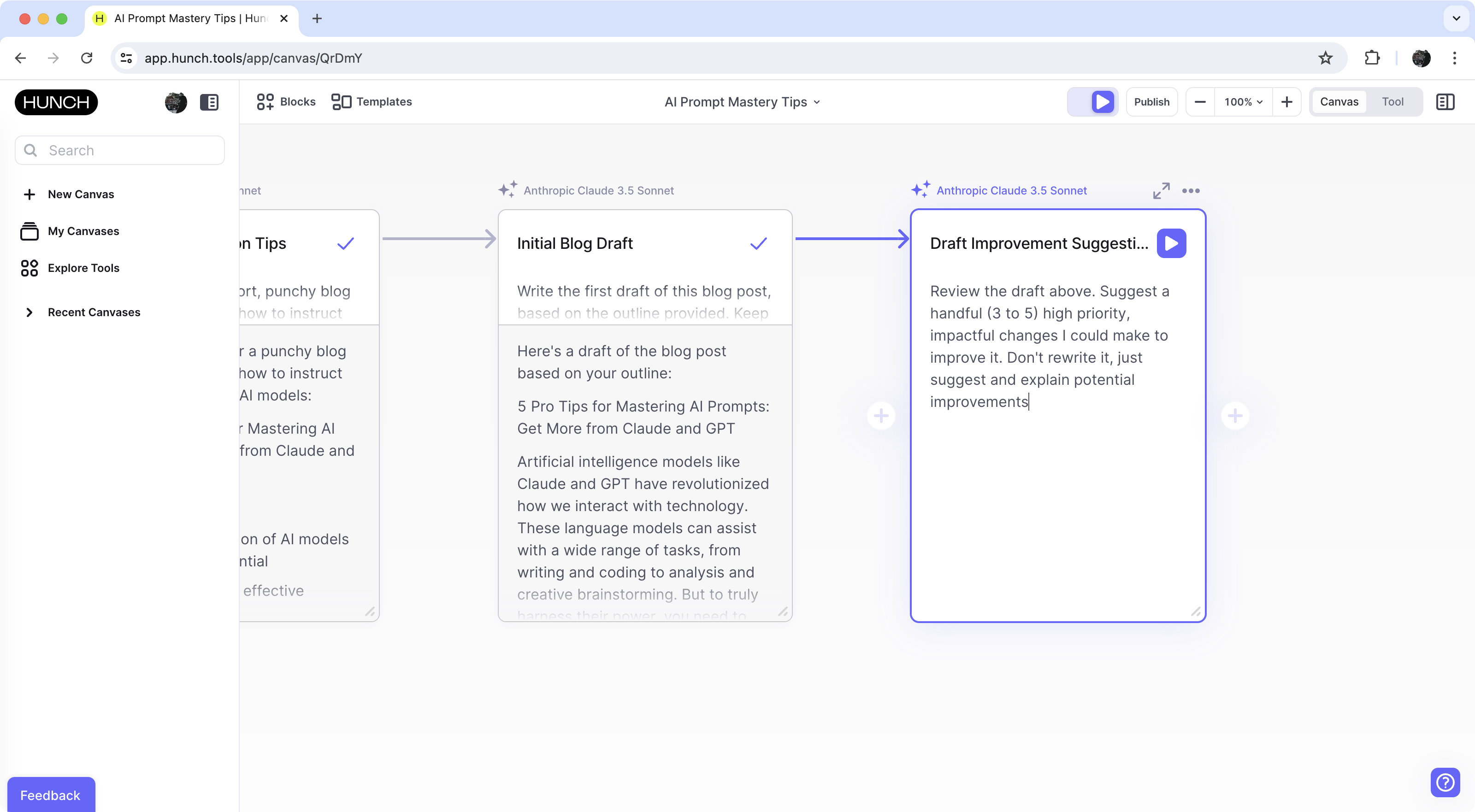 Canvas with draft blog post and review block