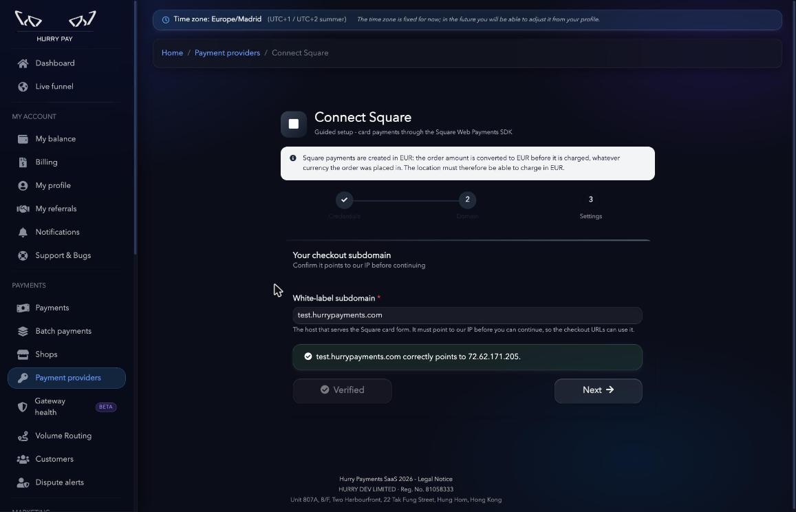 Subdominio del checkout verificado