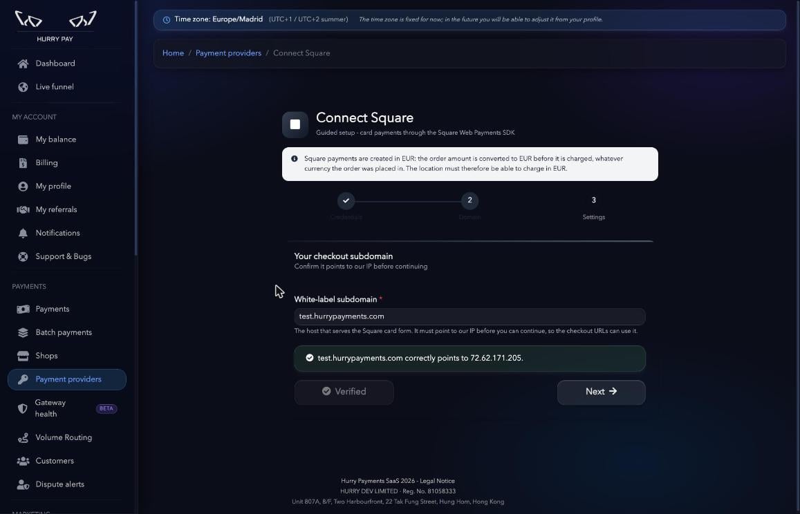 Subdominio del checkout verificado