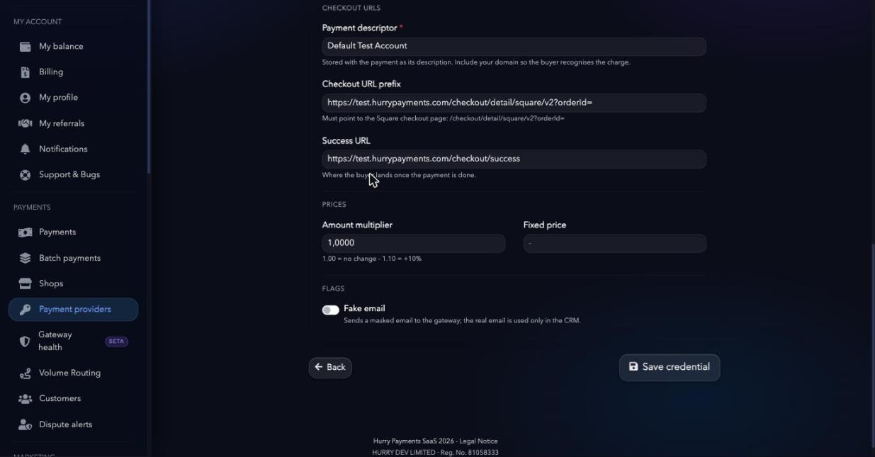Configuración avanzada y botón Save credential