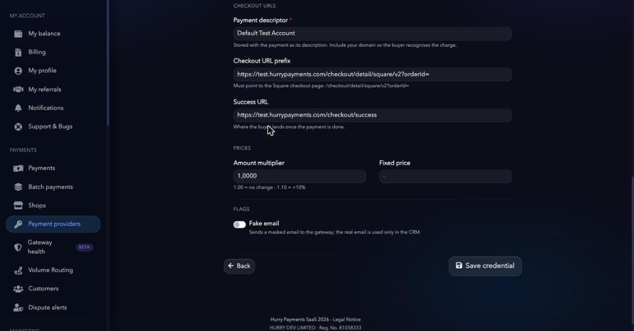 Configuración avanzada y botón Save credential
