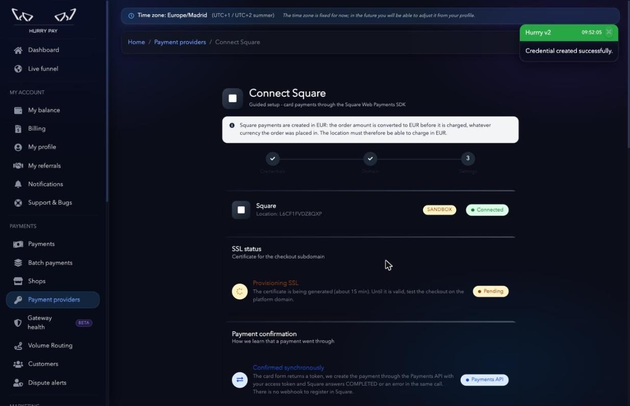 Credencial de Square guardada correctamente