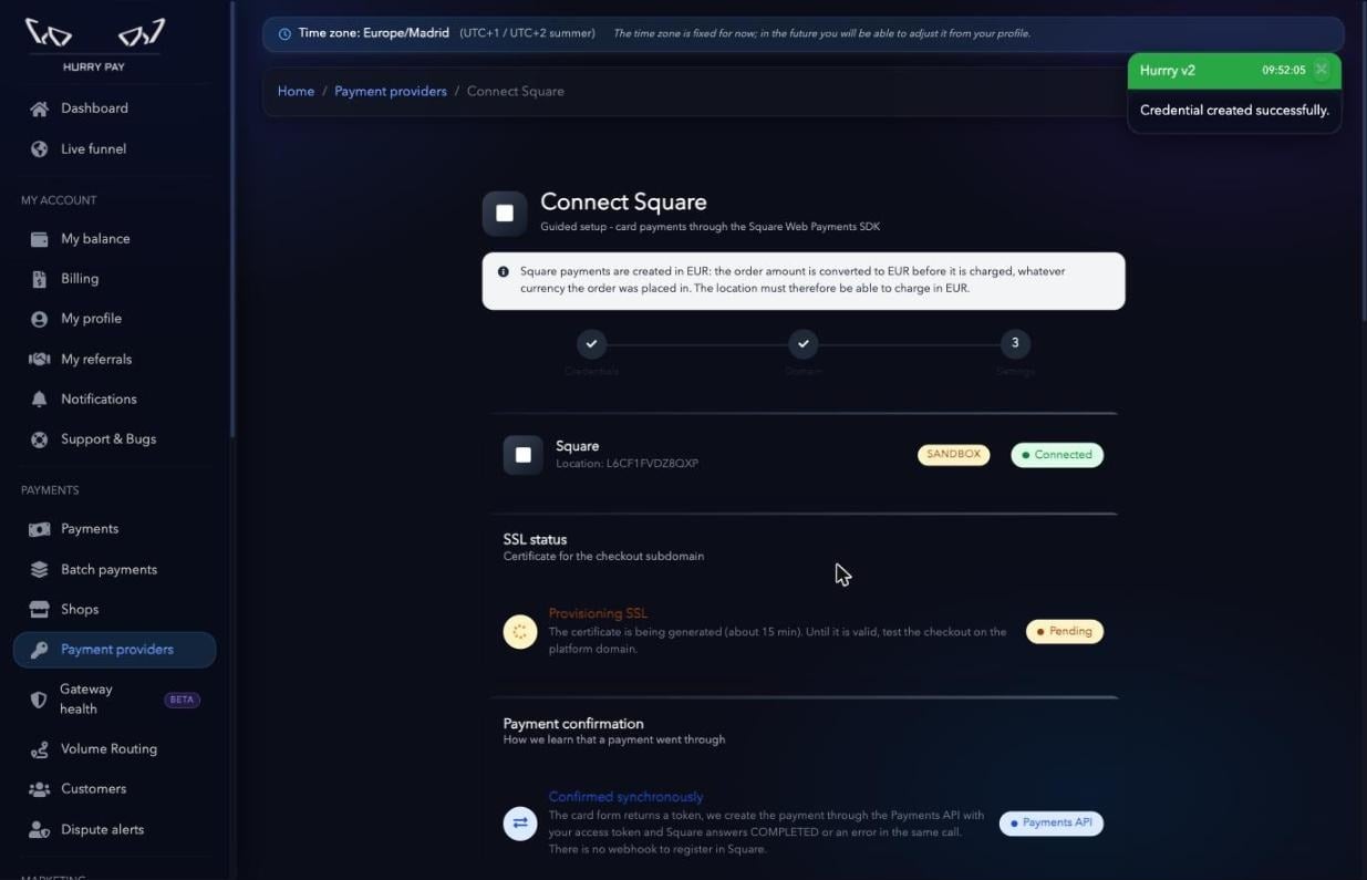 Credencial de Square guardada correctamente