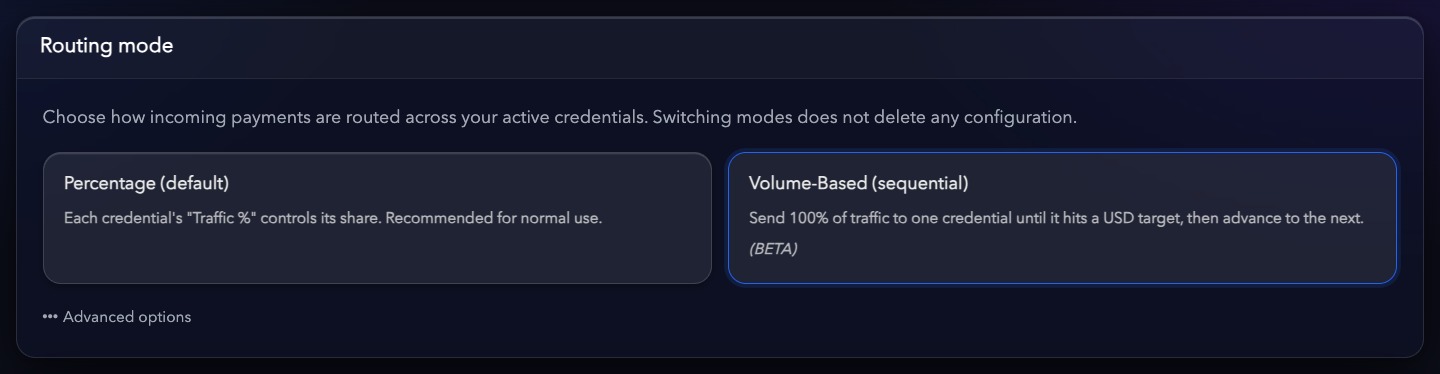 Bloque Routing mode con Volume-Based (sequential) seleccionado