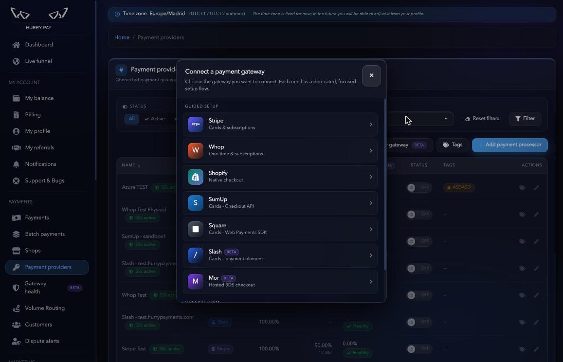 Selector de pasarela con SumUp en la lista de Guided setup