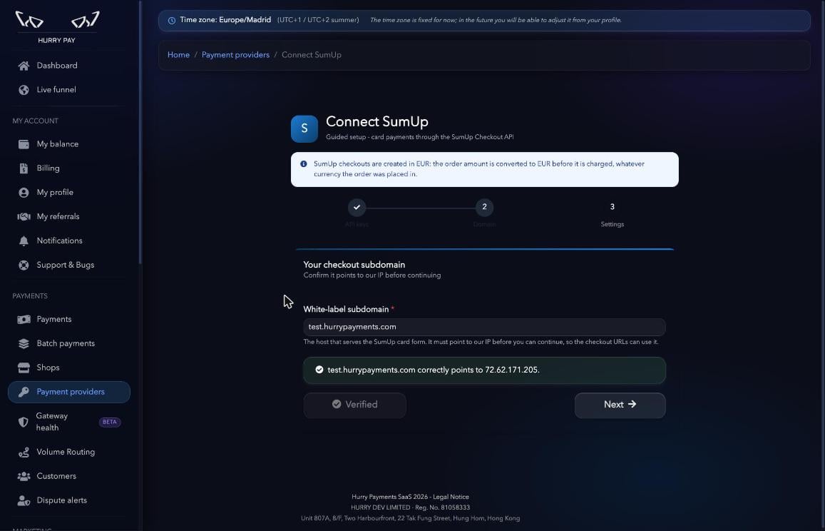 Subdominio verificado apuntando a la IP de Hurry